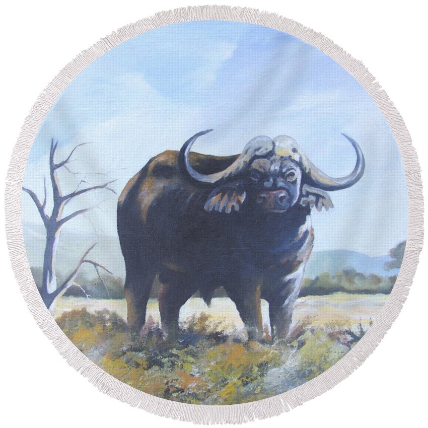Buffalo Round Beach Towel featuring the painting Lone Bull by Anthony Mwangi