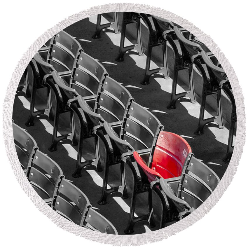 #21 Round Beach Towel featuring the photograph Lone Red Number 21 Fenway Park BW by Susan Candelario