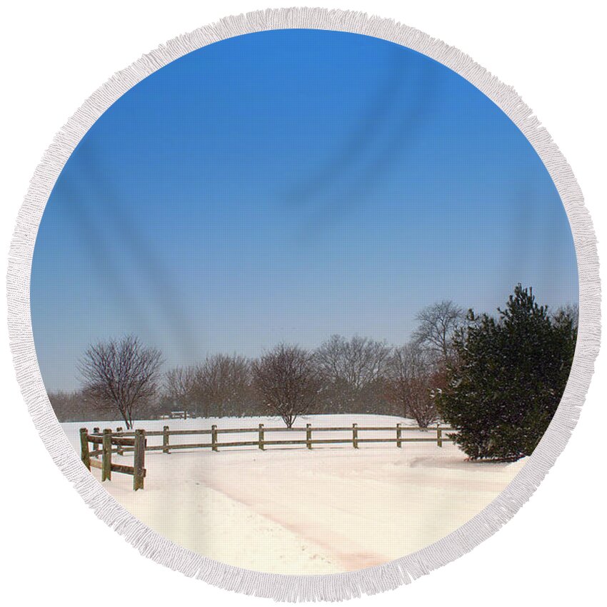 Winter Round Beach Towel featuring the photograph Lone Winter Evergreen by Amy Lucid