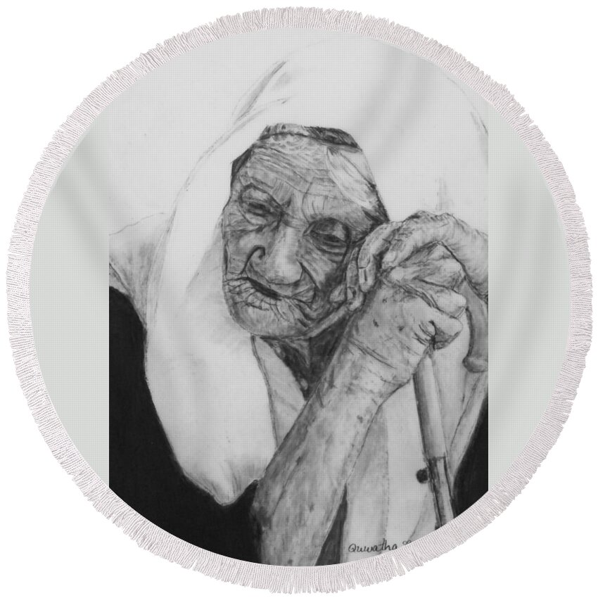 Old Woman Round Beach Towel featuring the drawing Loneliness by Quwatha Valentine