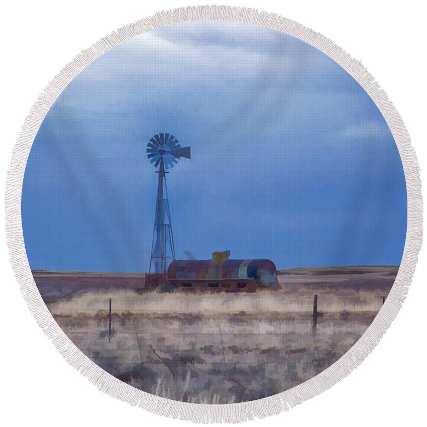 Windmill Round Beach Towel featuring the photograph Lonesome Windmill by Douglas Barnard