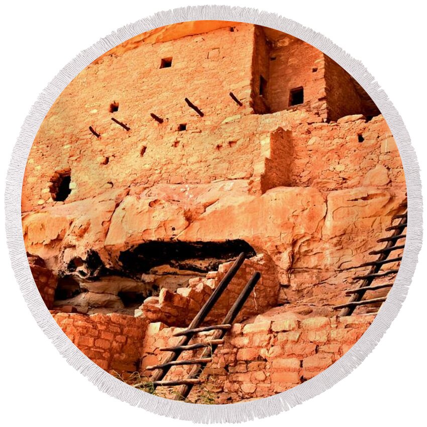 Mesa Verde Round Beach Towel featuring the photograph Long House Ladders by Adam Jewell