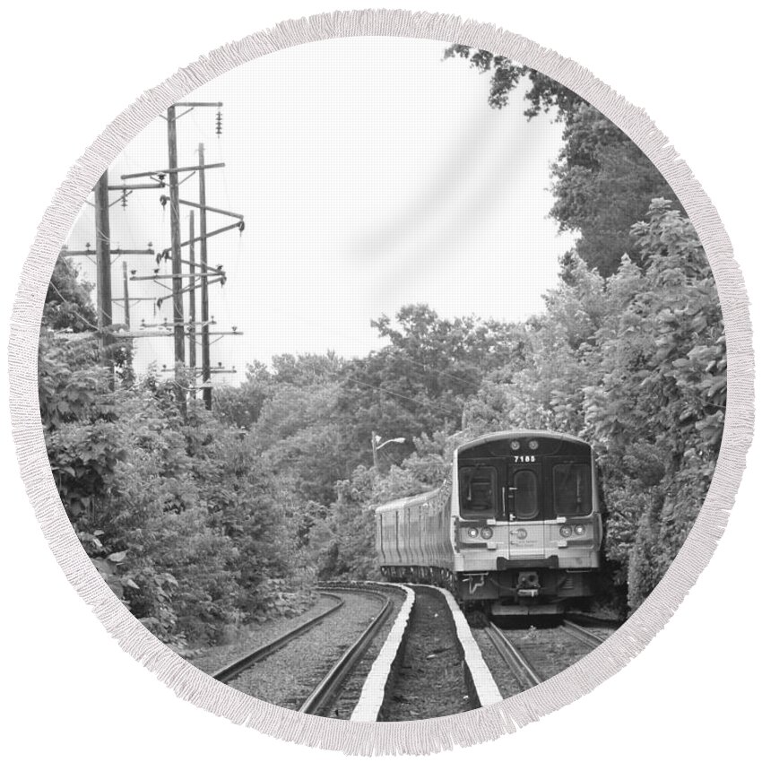 Long Island Railroad Pulling Into Station Round Beach Towel featuring the photograph Long Island Railroad Pulling into Station by John Telfer