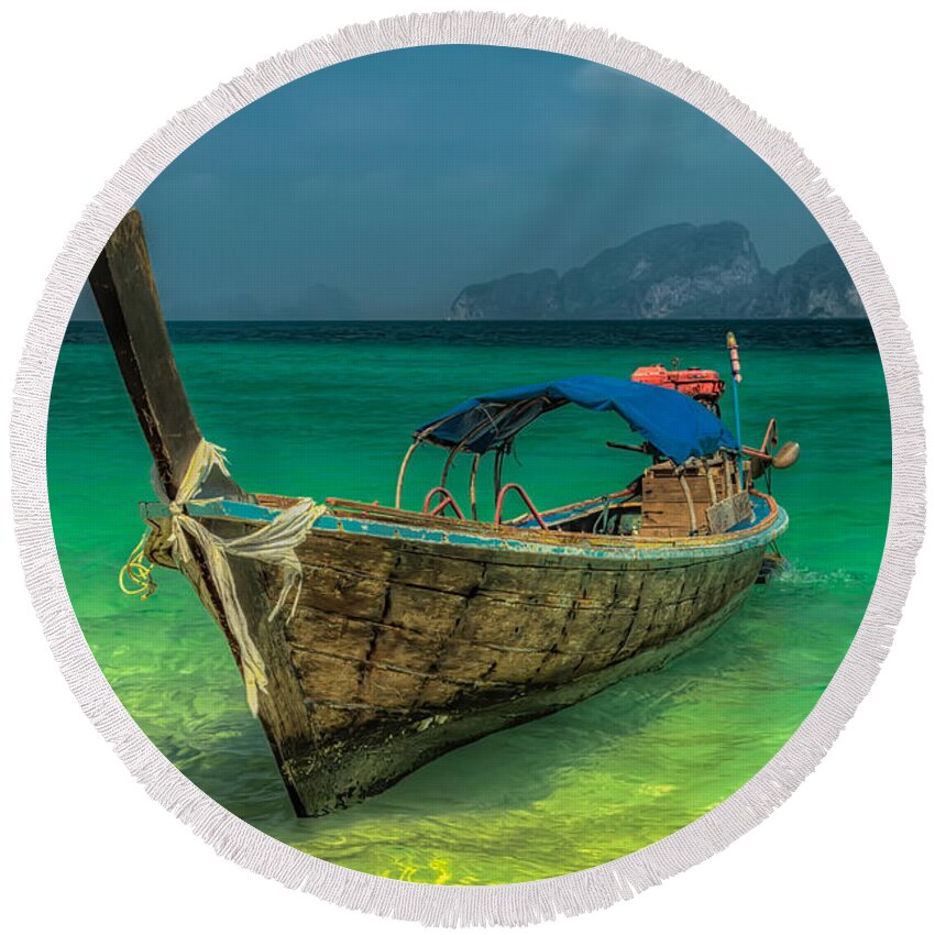 Koh Lanta Round Beach Towel featuring the photograph Long Tail Boat Thailand by Adrian Evans