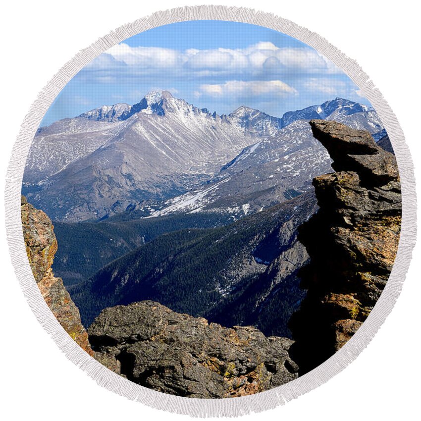 Longs Round Beach Towel featuring the photograph Long's Peak from The Rock Cut by Tranquil Light Photography