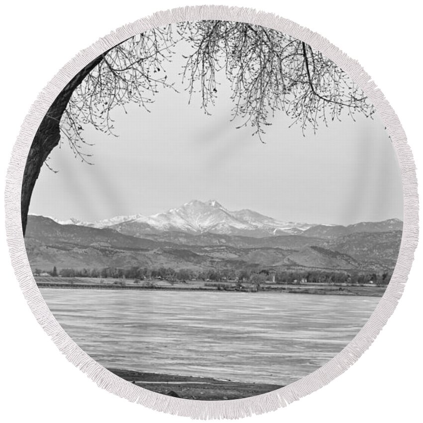 'longs Peak' Round Beach Towel featuring the photograph Longs Peak Winter View in Black and White by James BO Insogna
