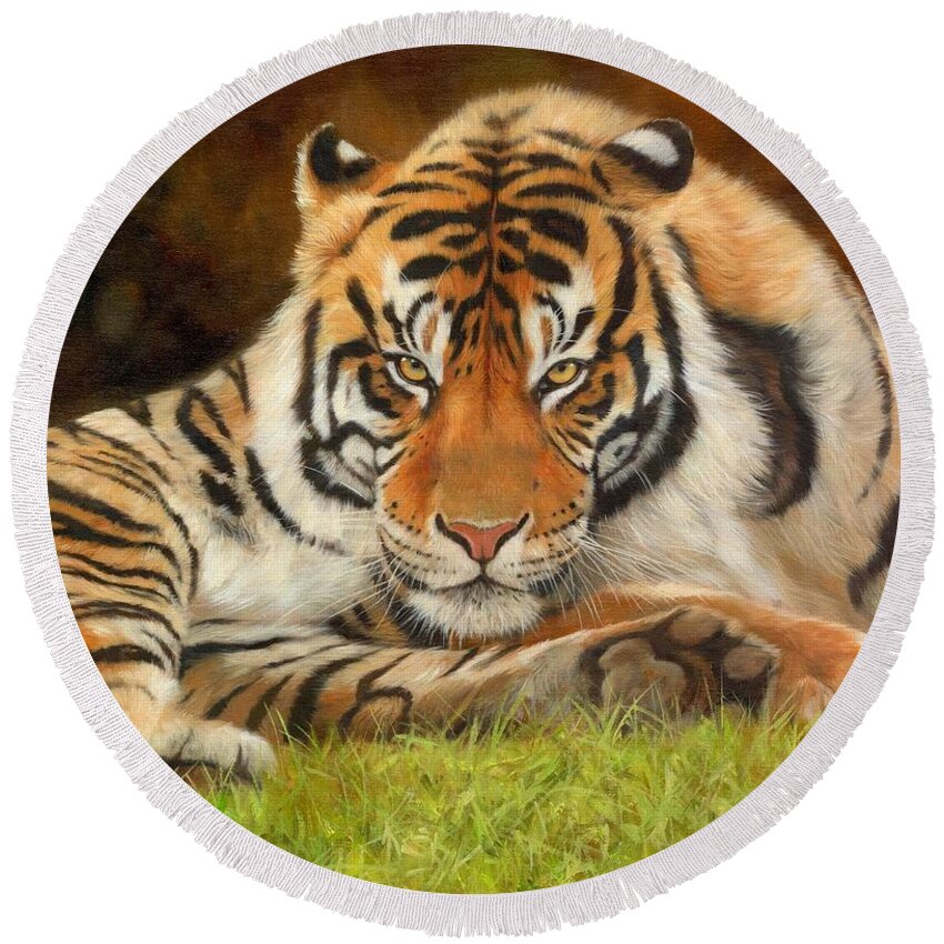 Tiger Round Beach Towel featuring the painting Look Into My Eyes by David Stribbling