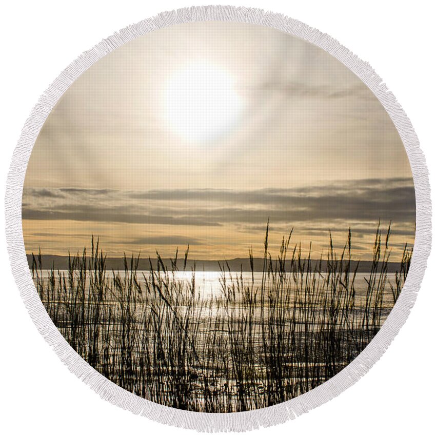 North Wales Round Beach Towel featuring the photograph Looking at Wales through the grass by Spikey Mouse Photography