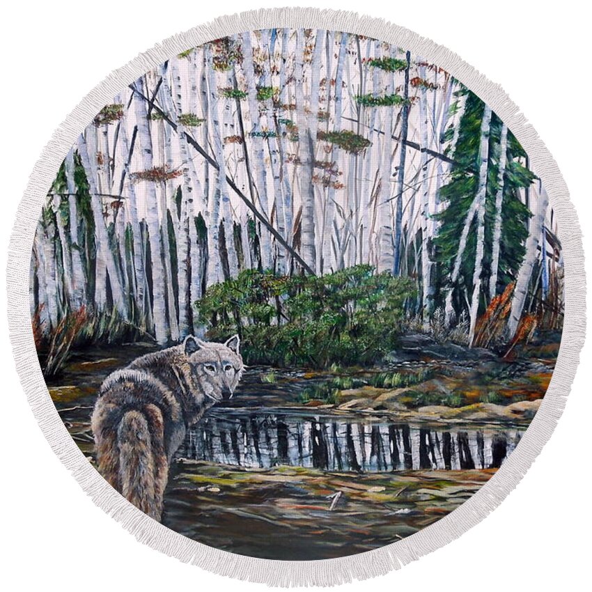 Wolf Round Beach Towel featuring the painting Looking back by Marilyn McNish