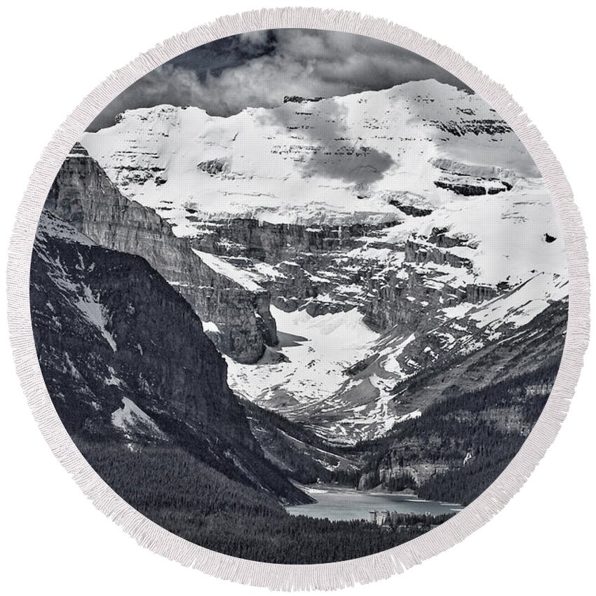 Lake Louise Round Beach Towel featuring the photograph Looking Down at Lake Louise - Black and White #2 by Stuart Litoff