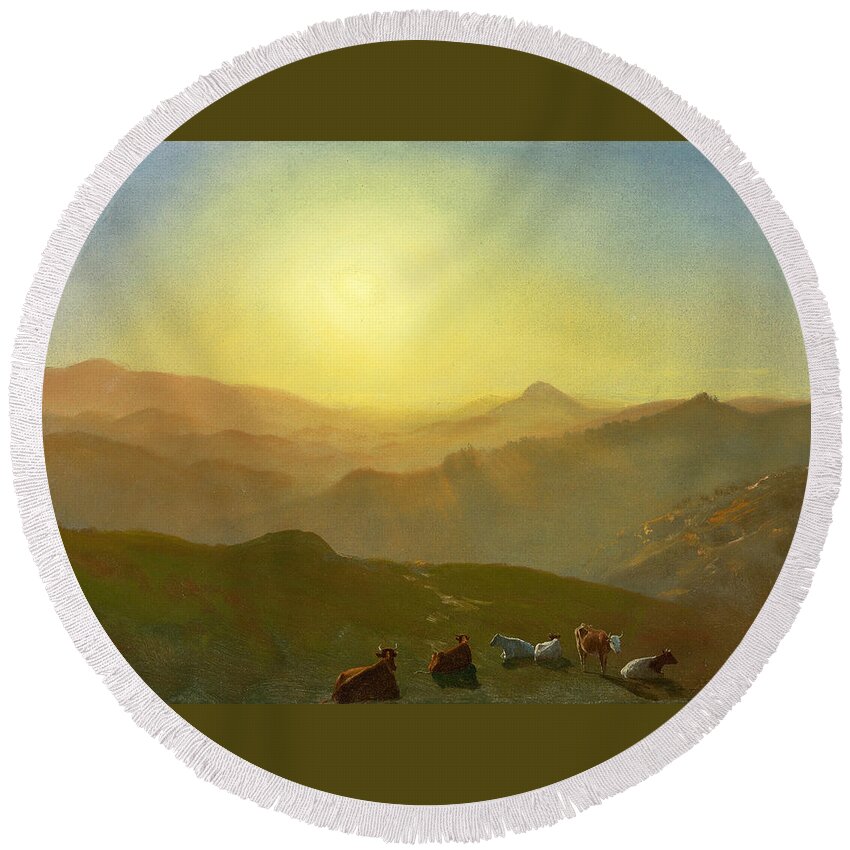 Round Beach Towel featuring the painting Looking from the Shade on Clay Hill .Sunset Clay Street Hill San Francisco by Albert Bierstadt