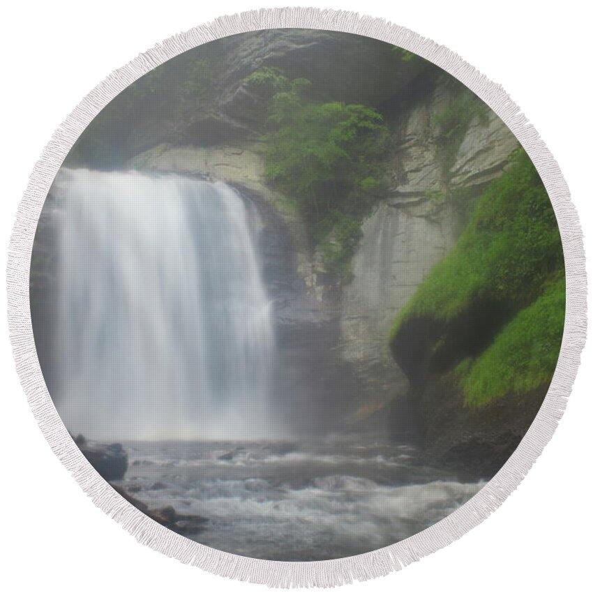 Waterfall Round Beach Towel featuring the photograph Looking Glass Falls North Carolina Morning Mist by John Burk
