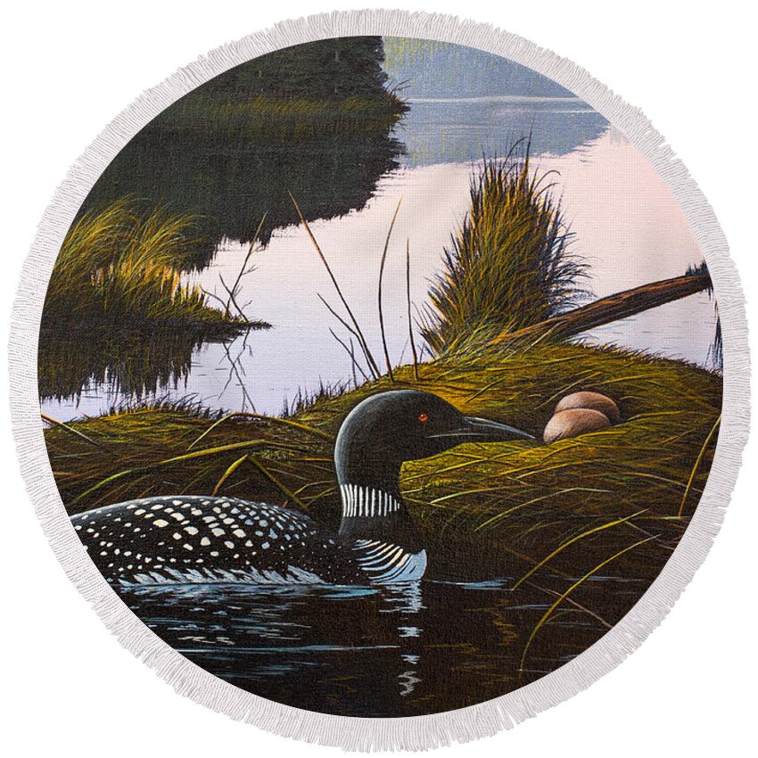 Loon Round Beach Towel featuring the painting Loon Lake by Richard Faulkner