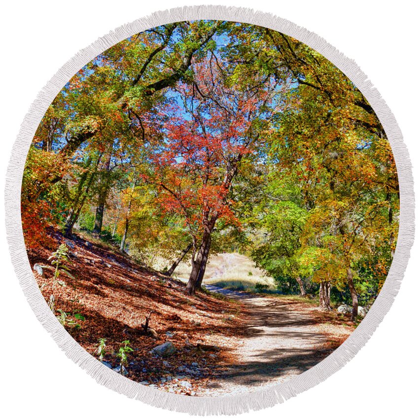 Walking Trail Round Beach Towel featuring the photograph Lost Maples by Savannah Gibbs