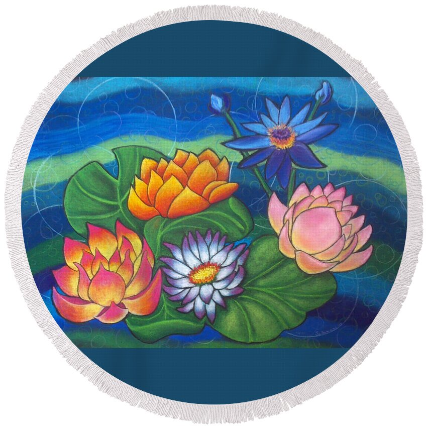 Lotus Waterlilies Lilypads Color Water Pond Nature Flowers Round Beach Towel featuring the pastel Lotii by Brenda Salamone