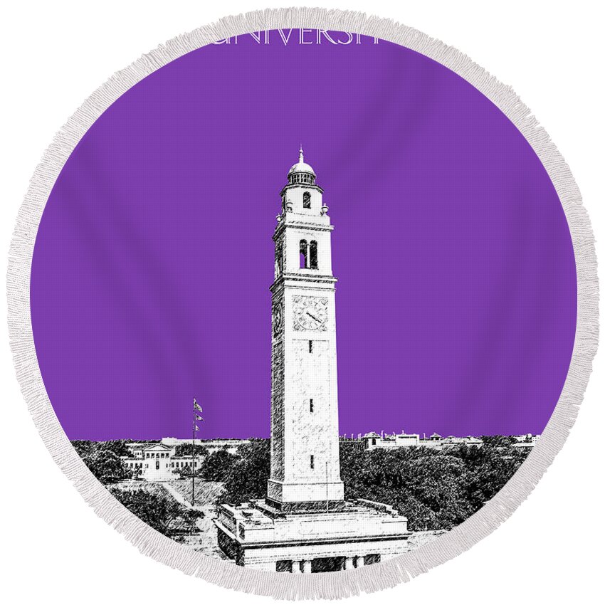 University Round Beach Towel featuring the digital art Louisiana State University - Memorial Tower - Purple by DB Artist
