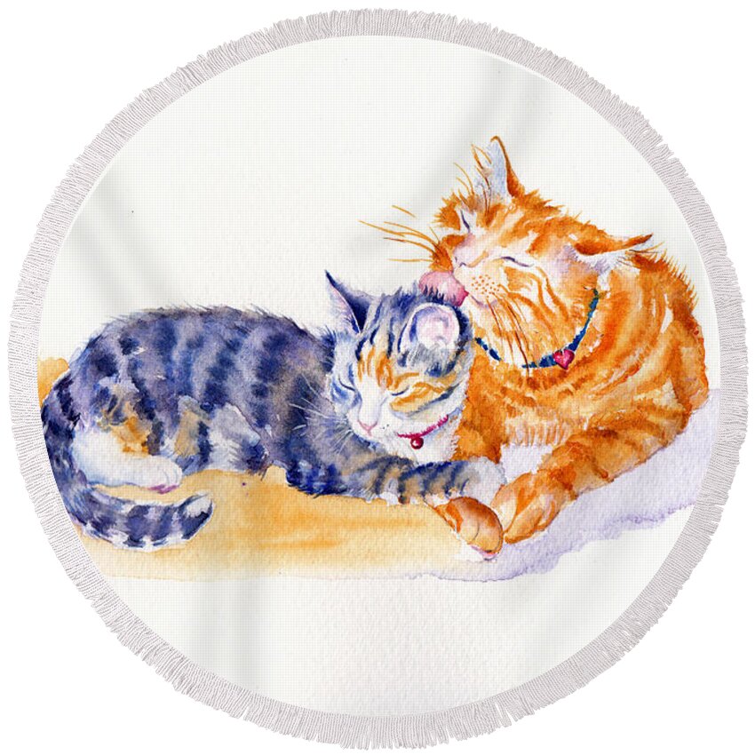 Cat Round Beach Towel featuring the painting Love is a touch by Debra Hall