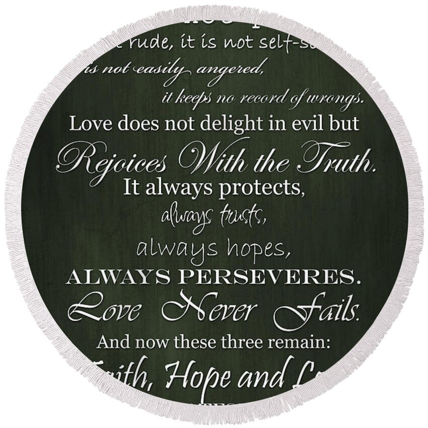 Religious Quote Round Beach Towel featuring the digital art Love is Patient Green by Inspired Arts