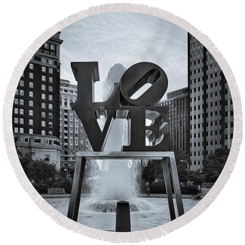 Love Round Beach Towel featuring the photograph Love Park BW by Susan Candelario