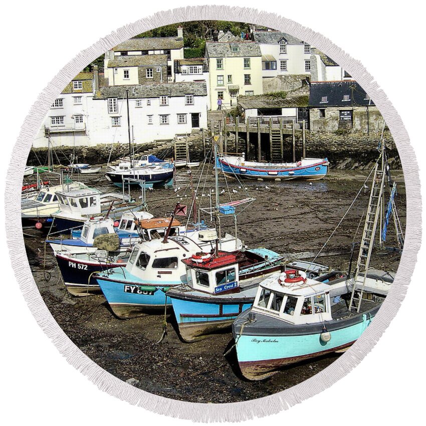 Polperro Harbour Round Beach Towel featuring the photograph Low Tide by Phyllis Taylor