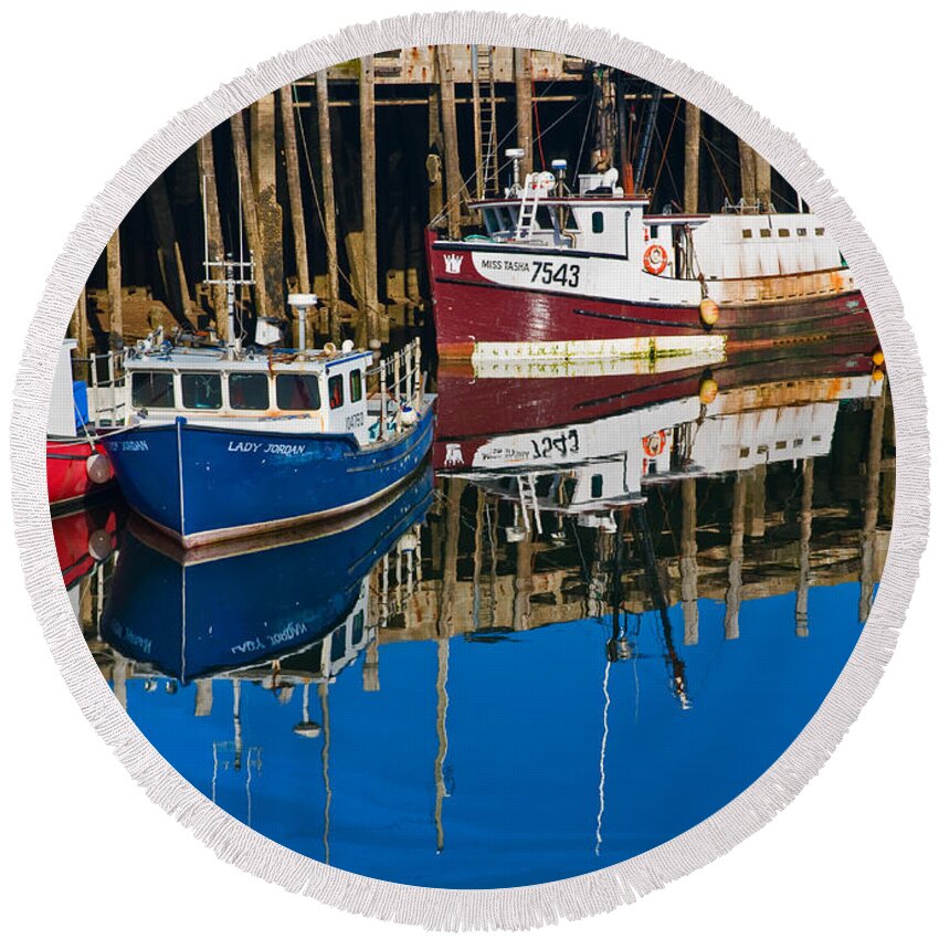 Nova Scotia Round Beach Towel featuring the photograph Boats and Reflections at Low Tide on Digby Bay Nova Scotia by Ginger Wakem