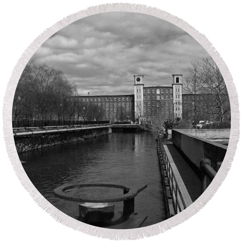 Architecture Round Beach Towel featuring the photograph Lowell MA Architecture BW by Michael Saunders