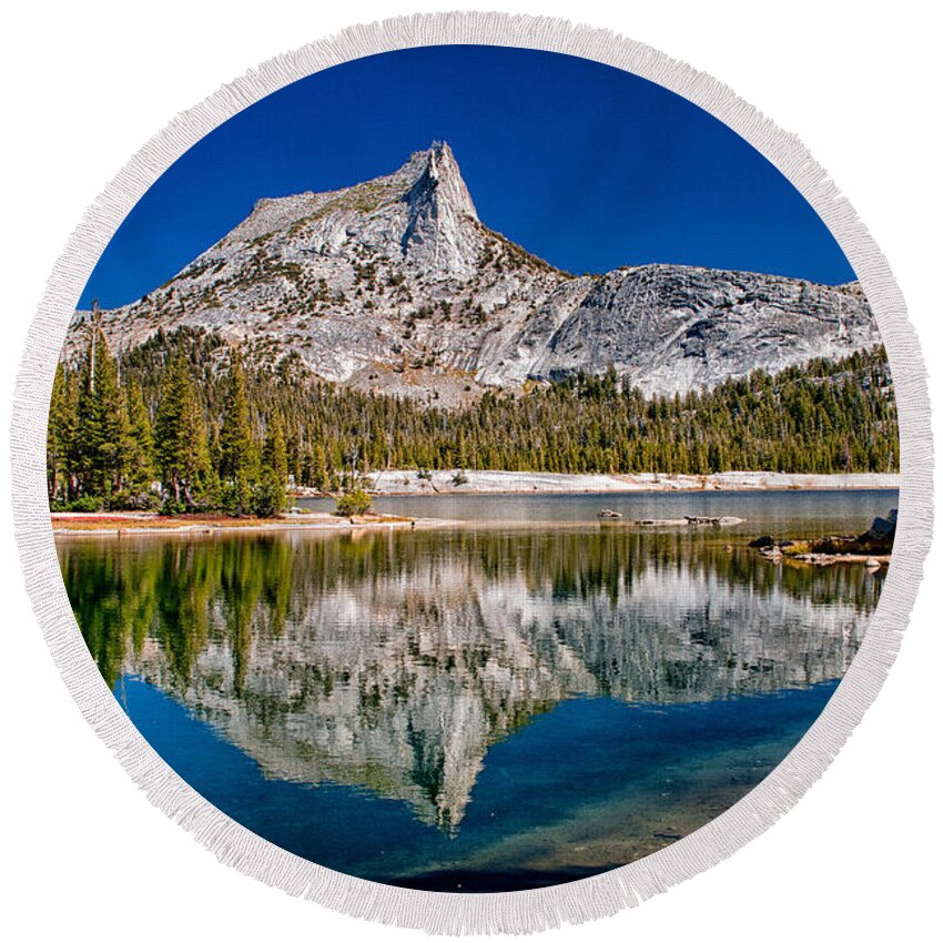 Backcounty Blue eastern Sierra Lake Mountains Reflection sierra Nevada Sky Water Yosemite national Park California Scenic Landscape Nature Trees Rock Granite Round Beach Towel featuring the photograph Lower Cathedral Lake by Cat Connor