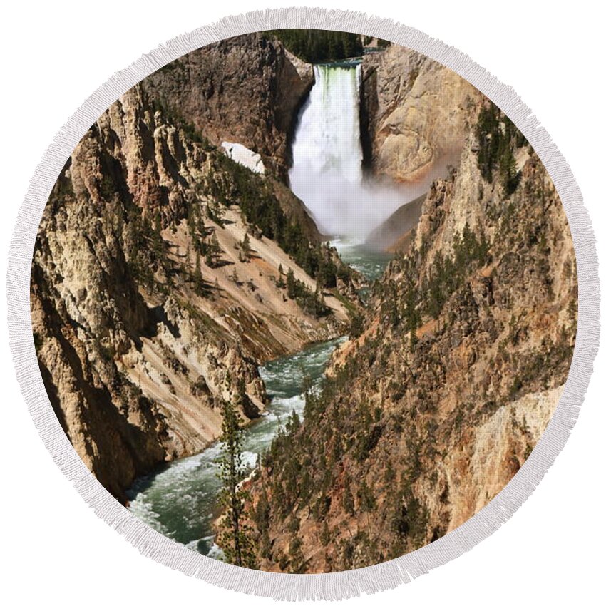 Yellowstone National Park Round Beach Towel featuring the photograph Lower Falls at Yellowstone by Lisa Billingsley