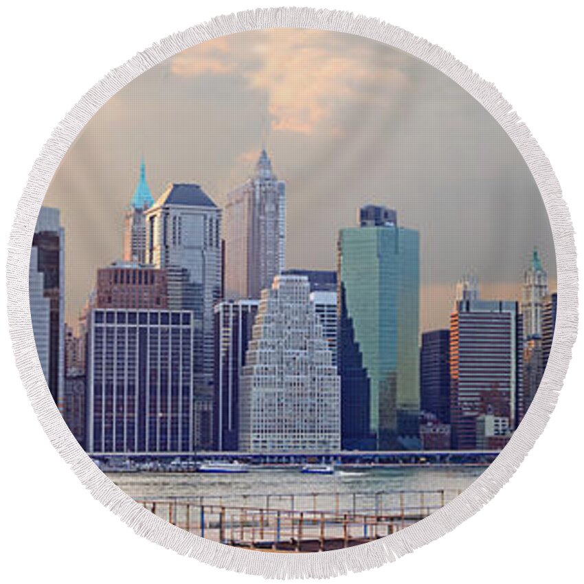 Panorama Round Beach Towel featuring the photograph Lower Manhattan Panorama from Brooklyn by Thomas Marchessault