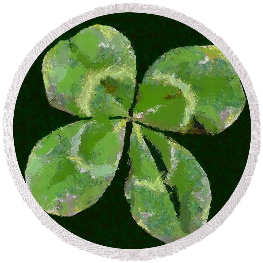 Lucky Round Beach Towel featuring the painting Lucky Four Leaf Clover by Dragica Micki Fortuna