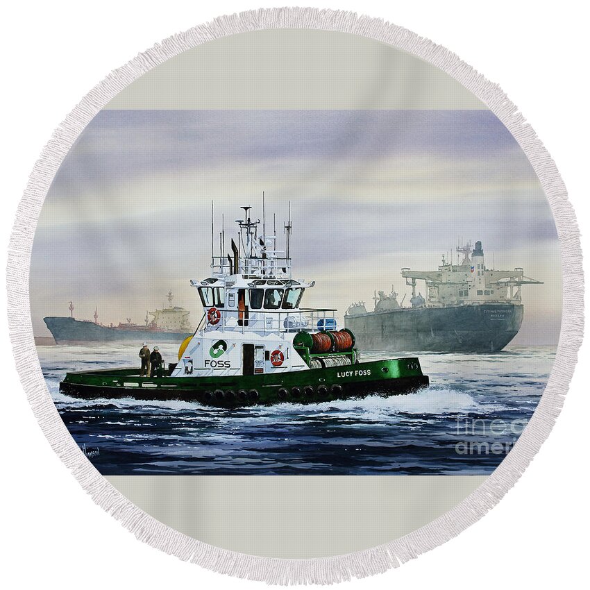 Tugboat Art Print Round Beach Towel featuring the painting Lucy Foss by James Williamson
