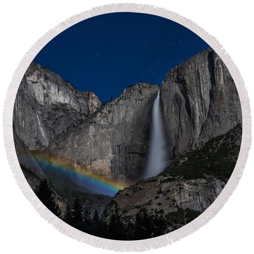 Falls Round Beach Towel featuring the photograph Lunar Moonbow at Yosemite Falls by Larry Marshall