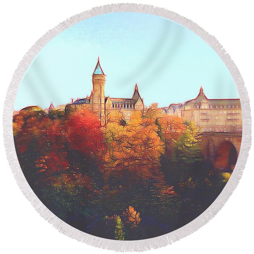 Luxembourg Round Beach Towel featuring the digital art Luxembourg City Skyline by Dennis Lundell