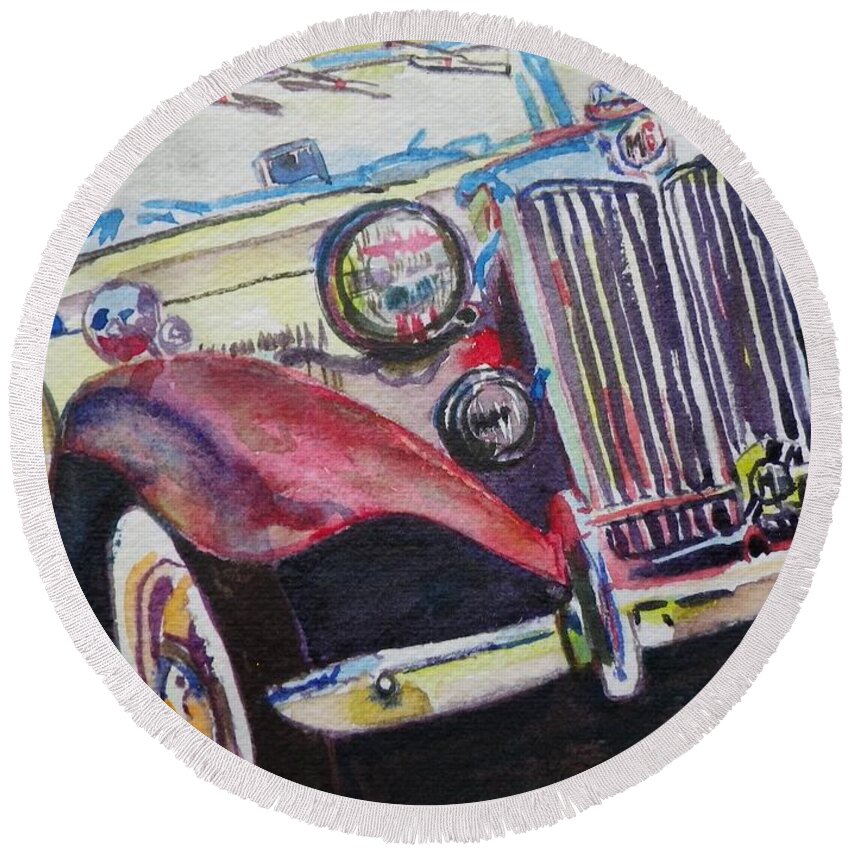 Transportation Round Beach Towel featuring the painting M G Car by Anna Ruzsan