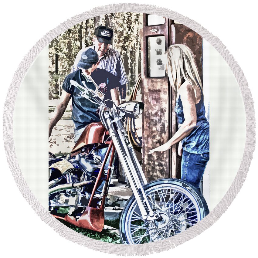 Motorcycle Round Beach Towel featuring the photograph M is For Motorcycle and Shes Cheap on Gas by Lesa Fine