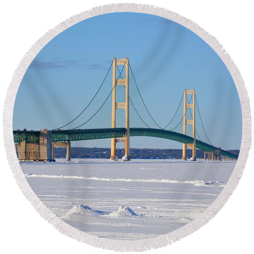 Mackinac Bridge Round Beach Towel featuring the photograph Mackinac in March by Keith Stokes