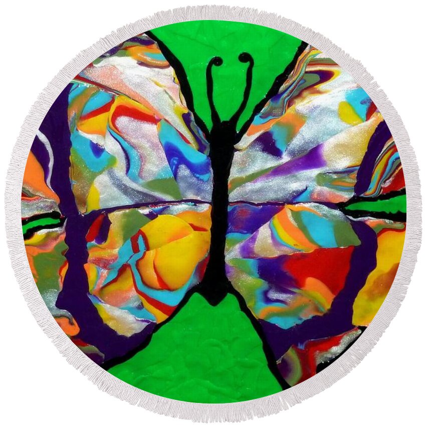 Butterfly Round Beach Towel featuring the mixed media Madam Butterfly by Deborah Stanley