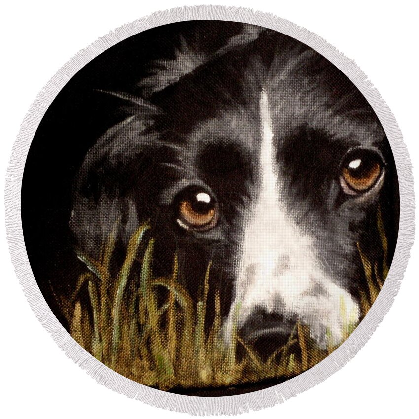 Border Collie Extreme Close Up Round Beach Towel featuring the painting Madge by Carol Russell