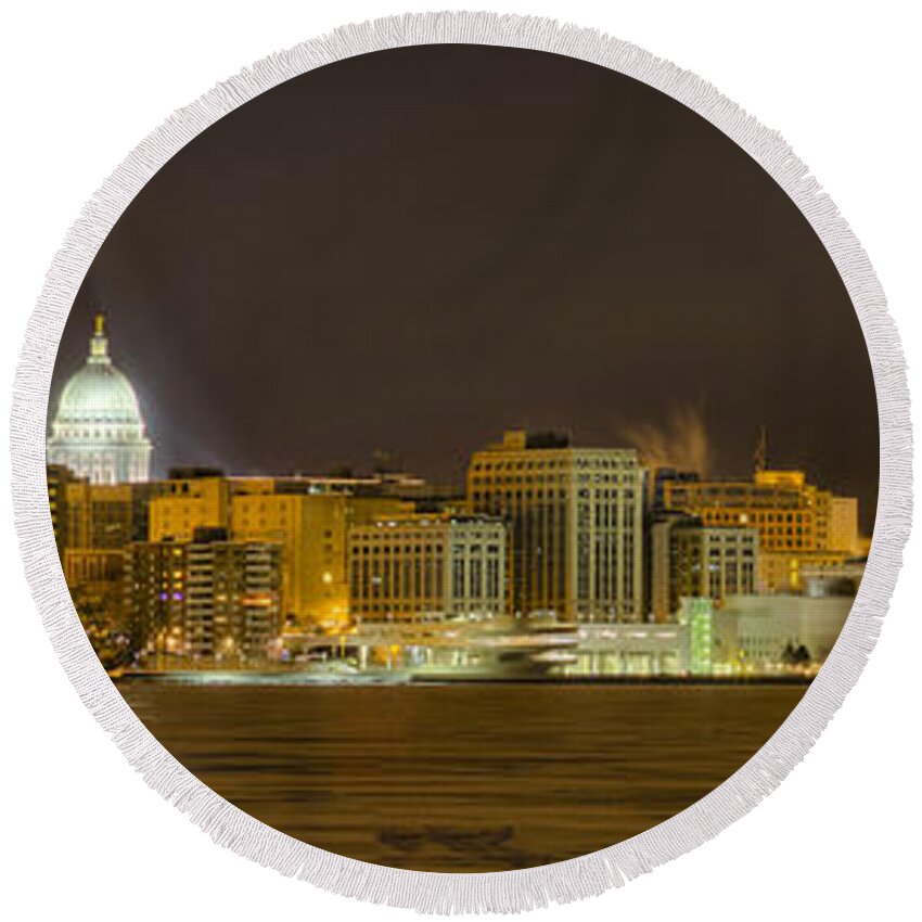 Capitol Round Beach Towel featuring the photograph Madison - Wisconsin City panorama - no fireworks by Steven Ralser