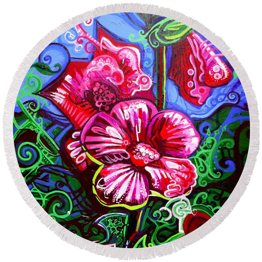 Flower Round Beach Towel featuring the painting Magenta Fleur Symphonic Zoo I by Genevieve Esson