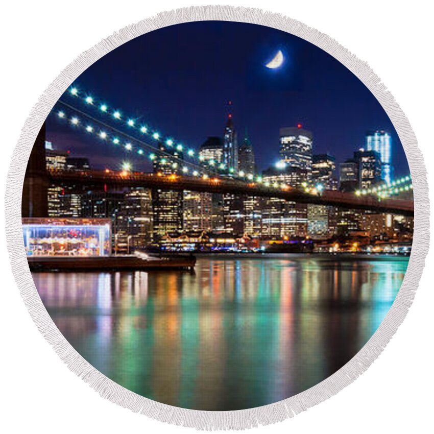 Amazing Brooklyn Bridge Round Beach Towel featuring the photograph Magical New York Skyline Panorama by Mitchell R Grosky