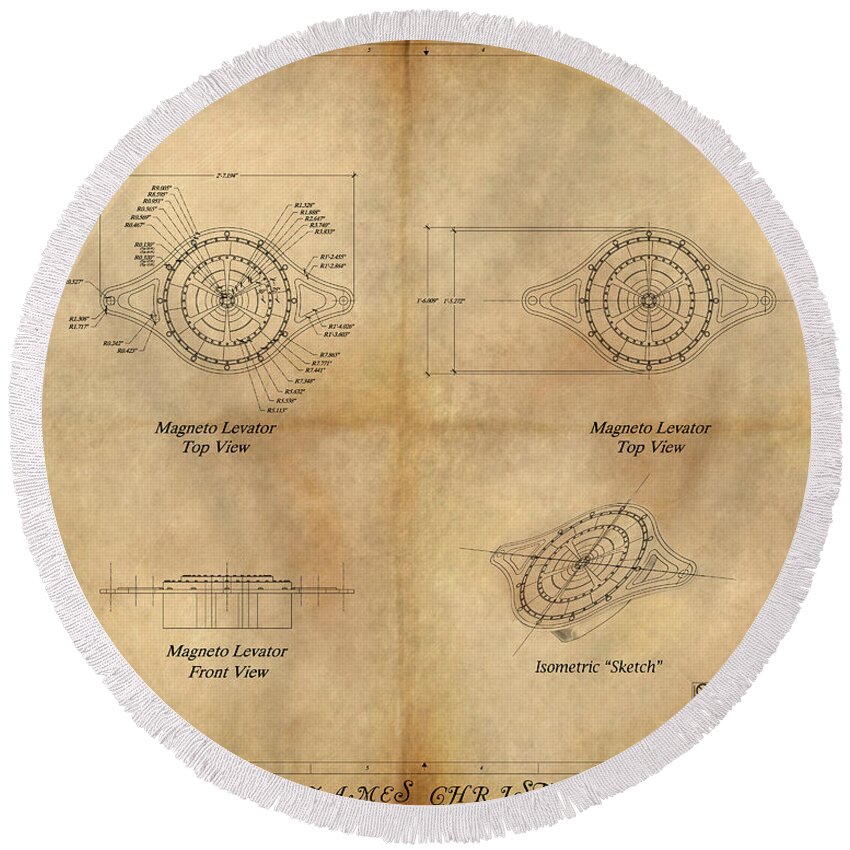 Steampunk; Gears; Housing; Cogs; Machinery; Lathe; Columns; Brass; Copper; Gold; Ratio; Rotation; Elegant; Forge; Industry; Jules Verne Round Beach Towel featuring the painting Magneto System Blueprint by James Hill