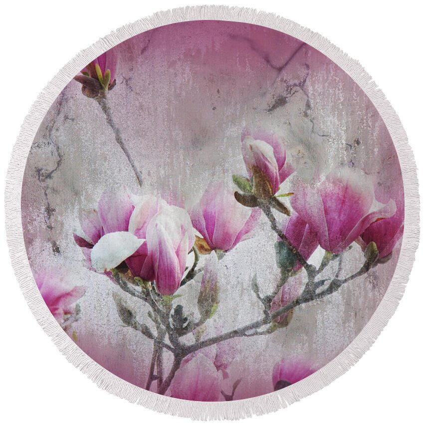 Magnolia Round Beach Towel featuring the photograph Magnolia Blossoms With Tinted Edge by Andee Design