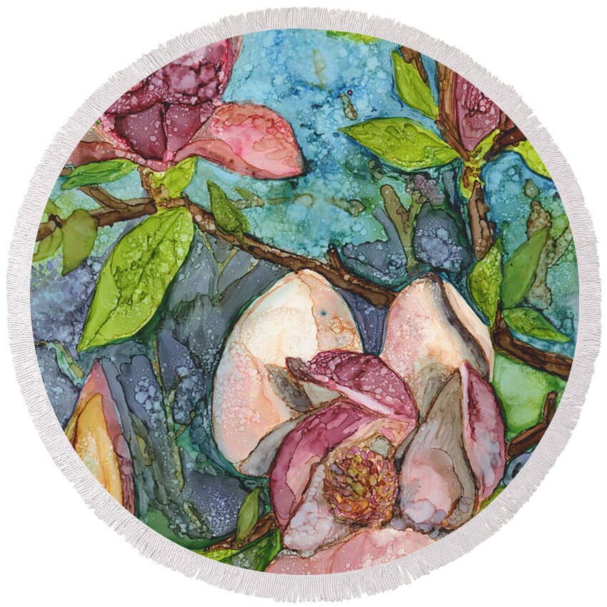 Magnolias Round Beach Towel featuring the painting Magnolias by Vicki Baun Barry