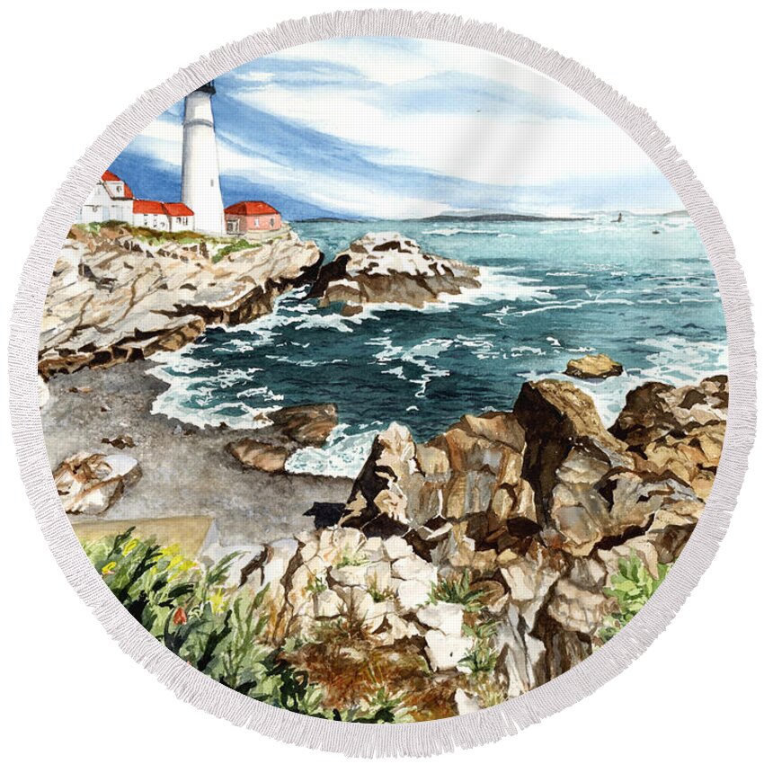 Water Color Paintings Round Beach Towel featuring the painting Maine Attraction by Barbara Jewell