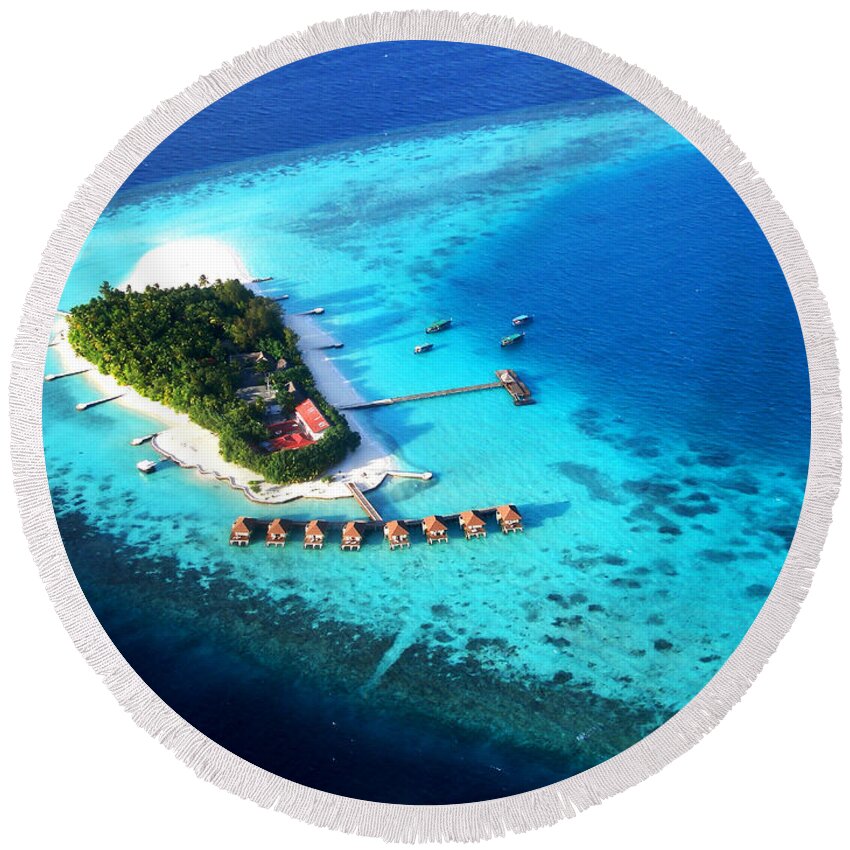 Aerial Round Beach Towel featuring the photograph Maldivian Resort. Aerial Journey over Maldives by Jenny Rainbow