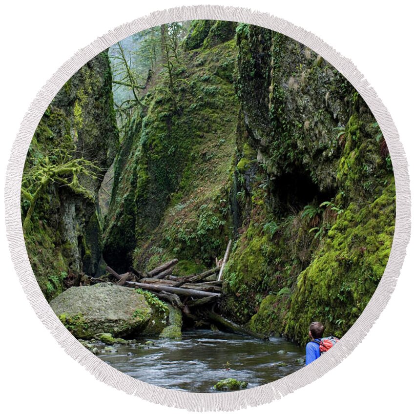 Adventure Round Beach Towel featuring the photograph Male Hiker Standing In Stream by Woods Wheatcroft
