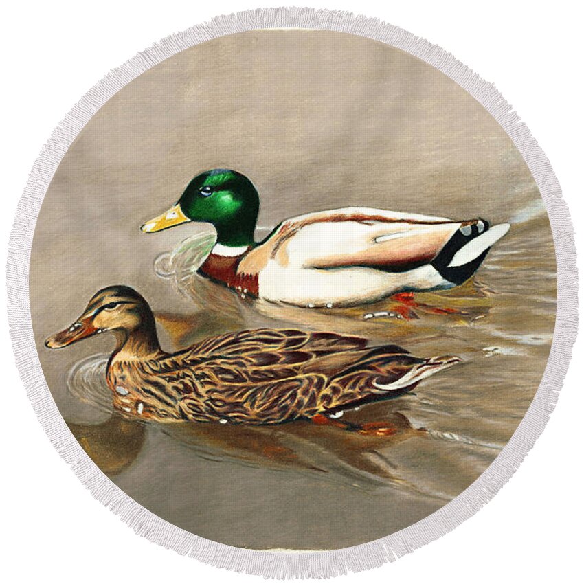 Ducks Round Beach Towel featuring the painting Mallards by Jill Ciccone Pike