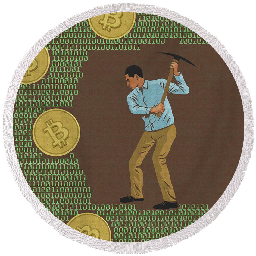 20-24 Years Round Beach Towel featuring the photograph Man Mining For Bitcoins In Computer Code by Ikon Images