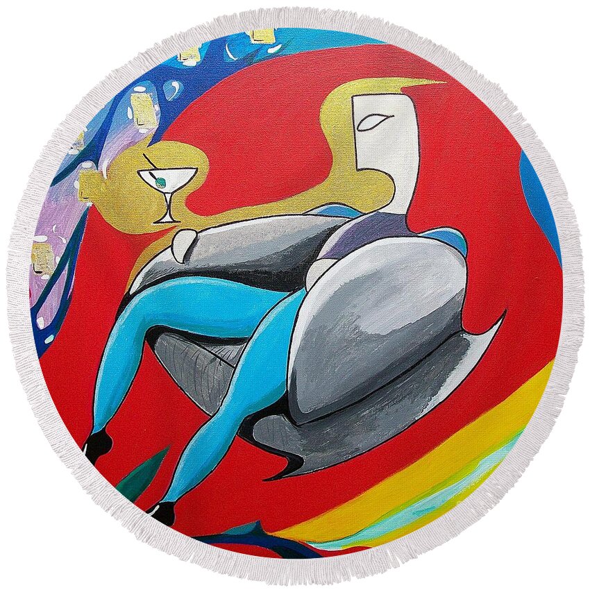 Abstract Round Beach Towel featuring the painting Man Sitting in Chair by John Lyes